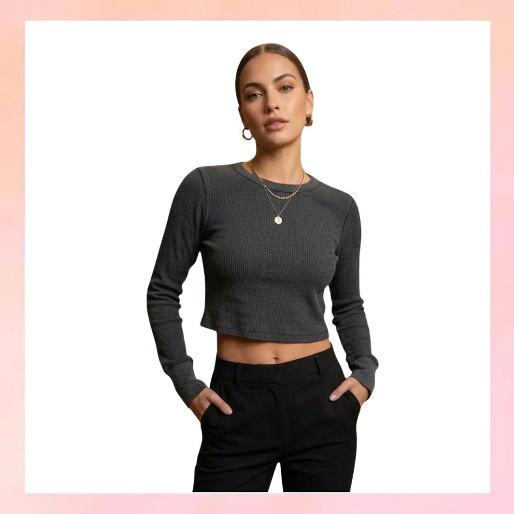 Aerie  charcoal gray Waffle Knit Ribbed Long Sleeve Crop Top - M